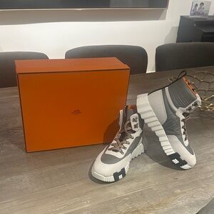 Hermes Grey and White High-Top Boots with Orange Accents